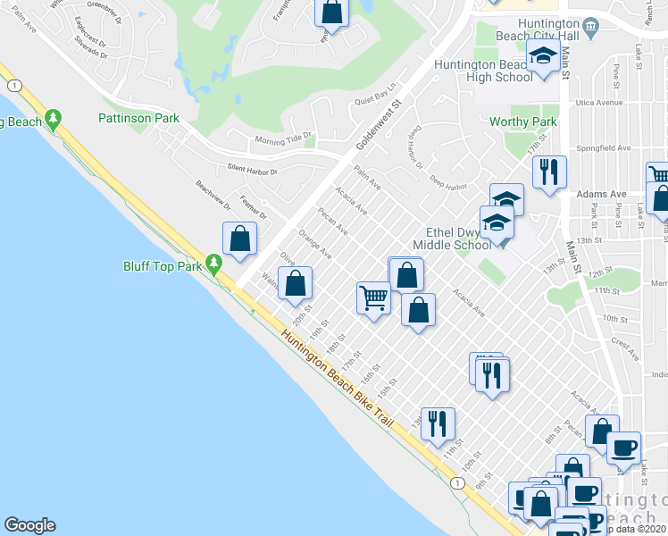 map of restaurants, bars, coffee shops, grocery stores, and more near 325 20th Street in Huntington Beach
