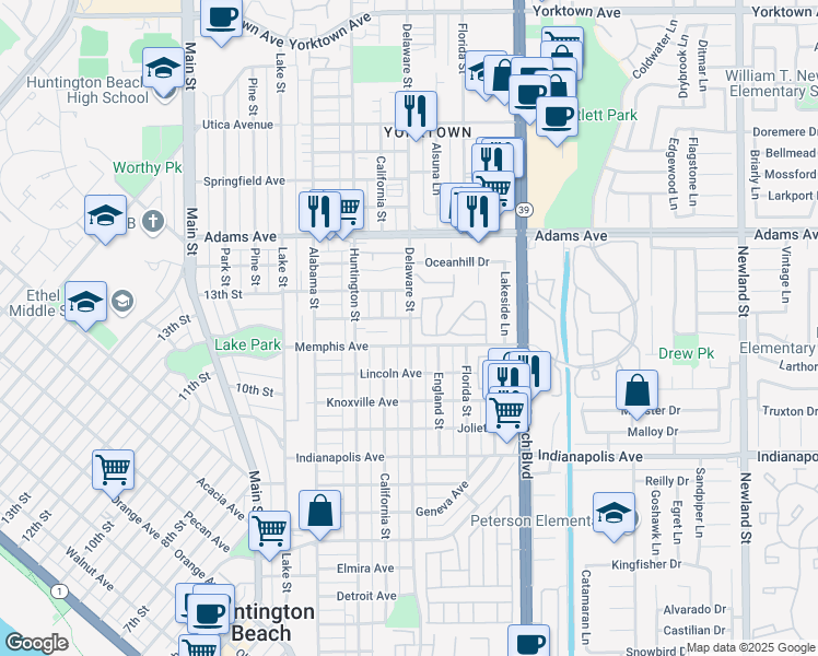 map of restaurants, bars, coffee shops, grocery stores, and more near 1335 Delaware Street in Huntington Beach