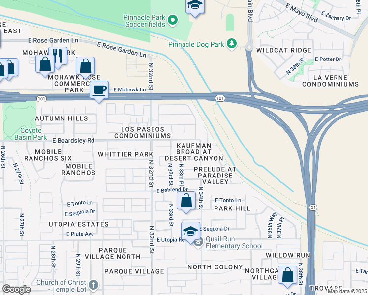 map of restaurants, bars, coffee shops, grocery stores, and more near 3328 East Menadota Drive in Phoenix