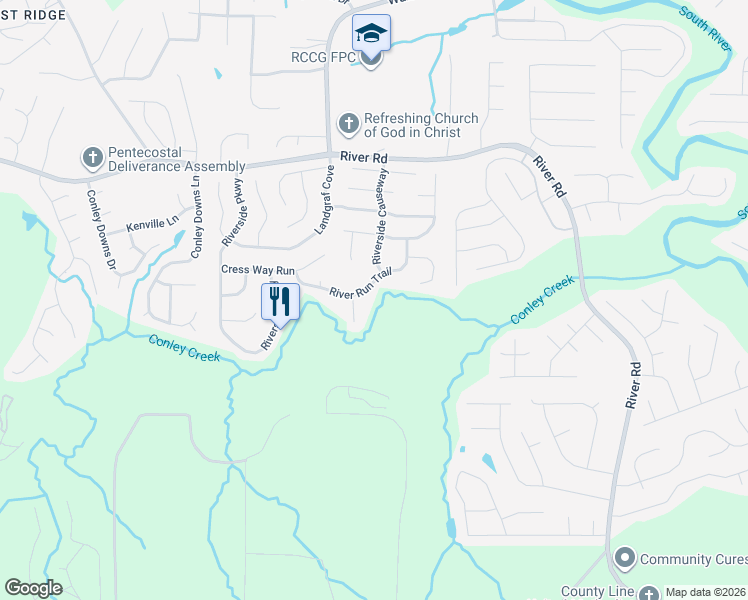 map of restaurants, bars, coffee shops, grocery stores, and more near 3321 River Run Trail in Decatur