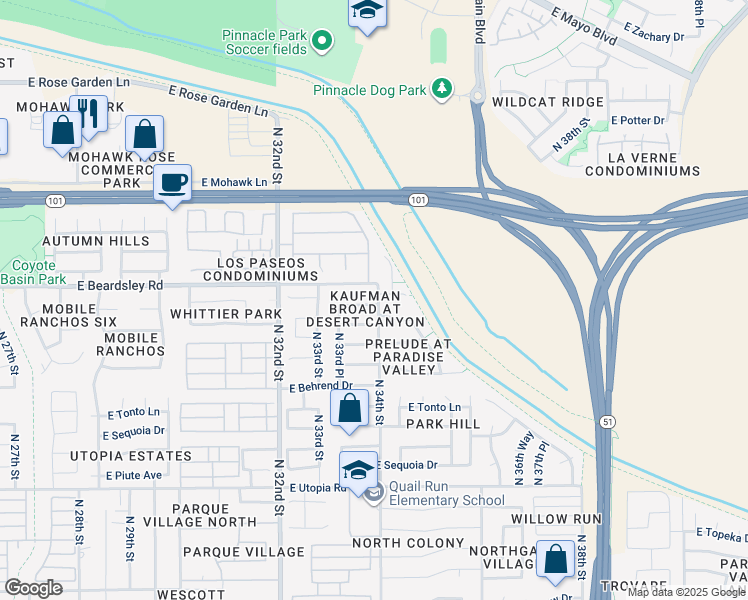 map of restaurants, bars, coffee shops, grocery stores, and more near 3364 East Menadota Drive in Phoenix