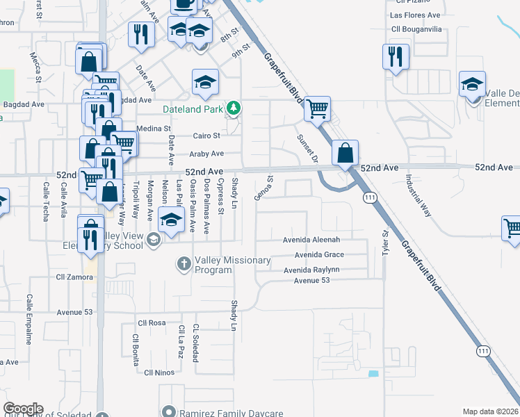 map of restaurants, bars, coffee shops, grocery stores, and more near 85774 Avenida Veronica in Coachella