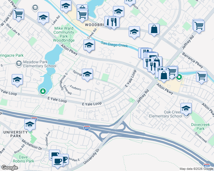 map of restaurants, bars, coffee shops, grocery stores, and more near 527 Springbrook North in Irvine