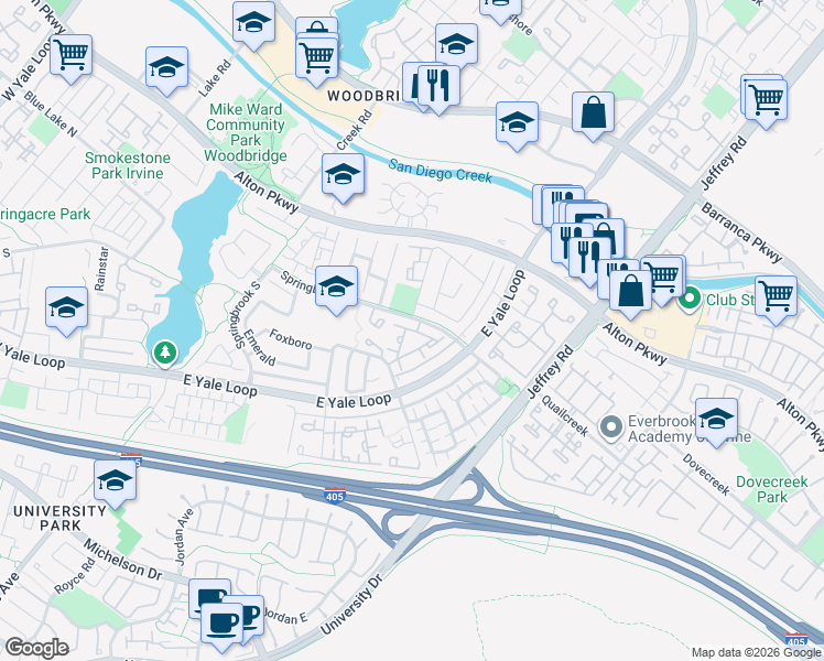 map of restaurants, bars, coffee shops, grocery stores, and more near 585 Springbrook North in Irvine