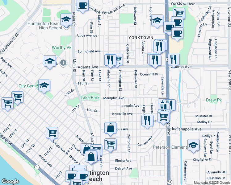 map of restaurants, bars, coffee shops, grocery stores, and more near 216 Nashville Avenue in Huntington Beach