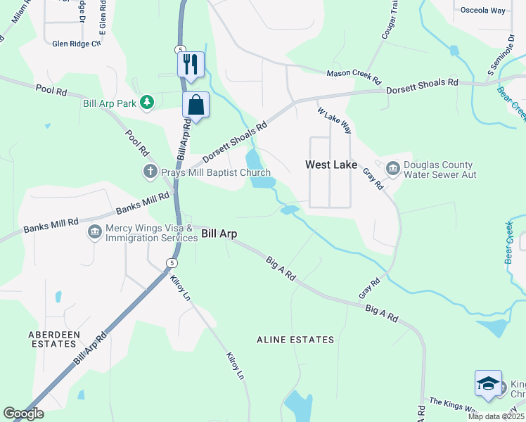 map of restaurants, bars, coffee shops, grocery stores, and more near 6883 Lakeshore Drive in Douglasville