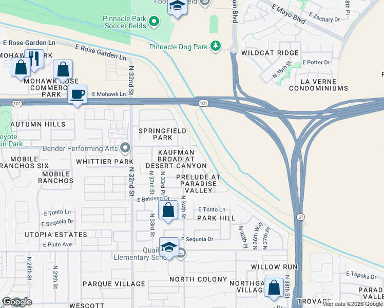map of restaurants, bars, coffee shops, grocery stores, and more near 3415 East Menadota Drive in Phoenix