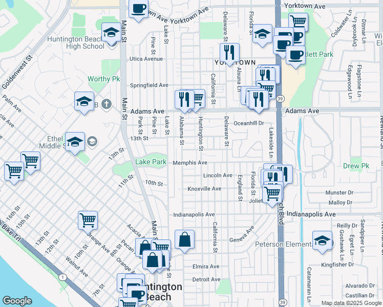 map of restaurants, bars, coffee shops, grocery stores, and more near 212 Nashville Avenue in Huntington Beach