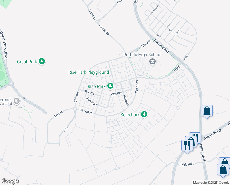 map of restaurants, bars, coffee shops, grocery stores, and more near 301 Chorus in Irvine