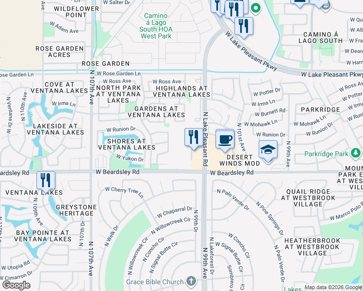 map of restaurants, bars, coffee shops, grocery stores, and more near 10310 West Beardsley Road in Peoria