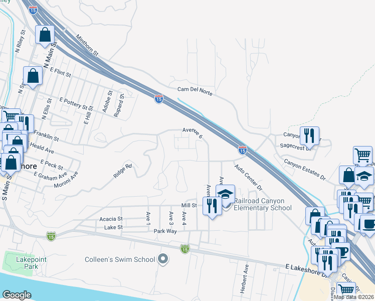 map of restaurants, bars, coffee shops, grocery stores, and more near Bancroft Way in Lake Elsinore