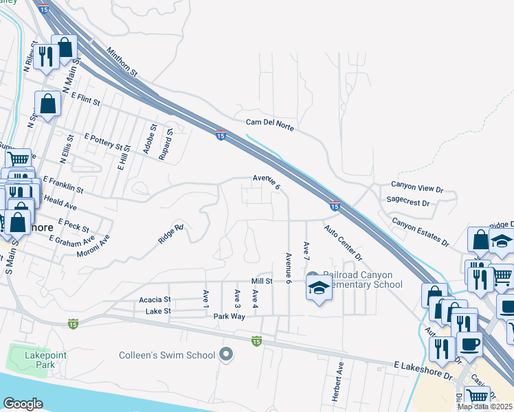map of restaurants, bars, coffee shops, grocery stores, and more near 946 Helena Ridge in Lake Elsinore