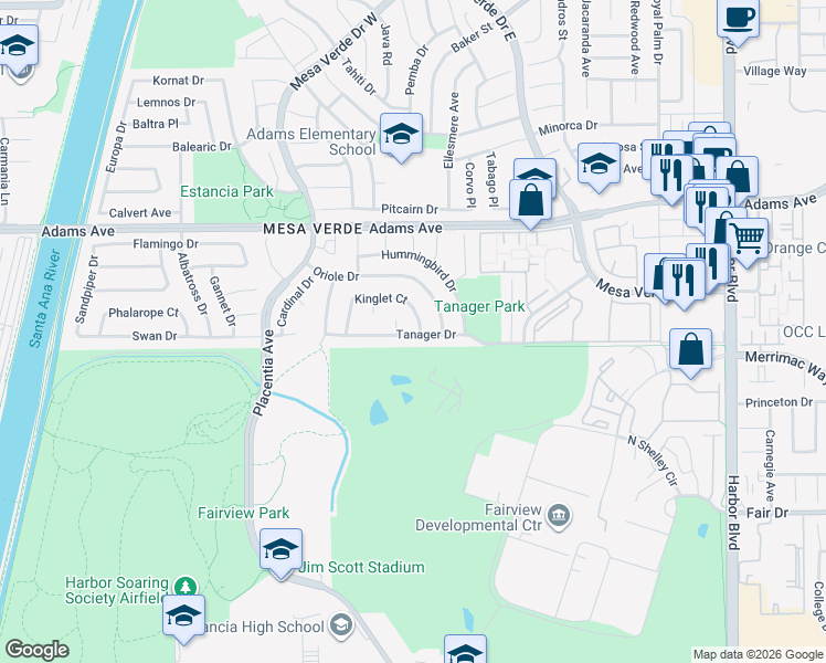map of restaurants, bars, coffee shops, grocery stores, and more near 1800 Tanager Drive in Costa Mesa