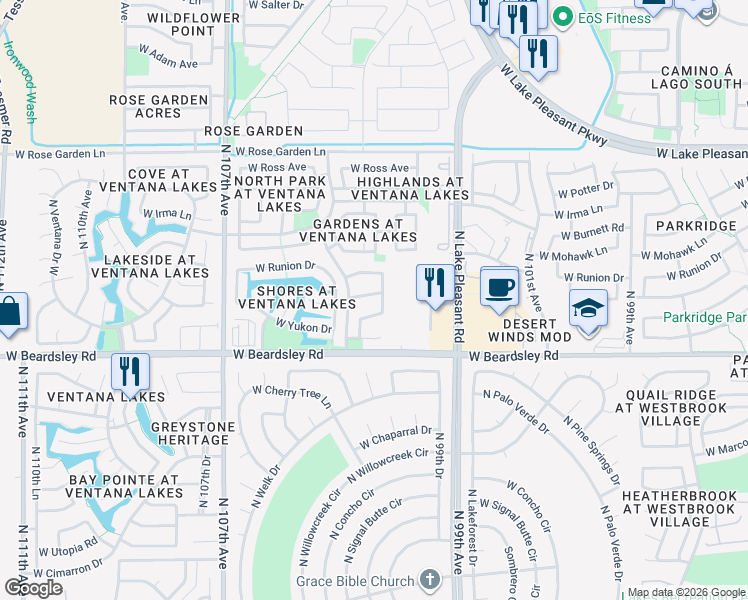 map of restaurants, bars, coffee shops, grocery stores, and more near 10395 West Tonopah Drive in Peoria