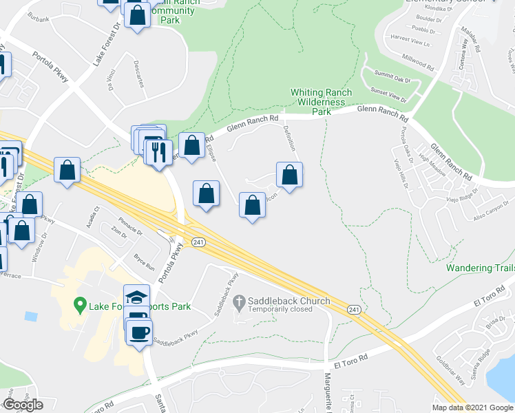 map of restaurants, bars, coffee shops, grocery stores, and more near in Lake Forest