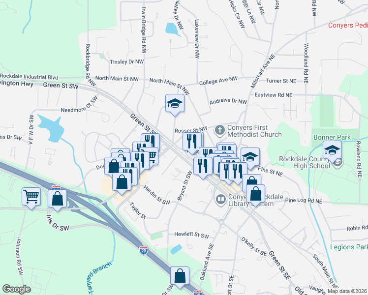 map of restaurants, bars, coffee shops, grocery stores, and more near 999 Peek Street Northwest in Conyers