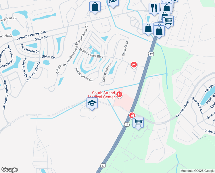 map of restaurants, bars, coffee shops, grocery stores, and more near 187 Cold Water Circle in Myrtle Beach