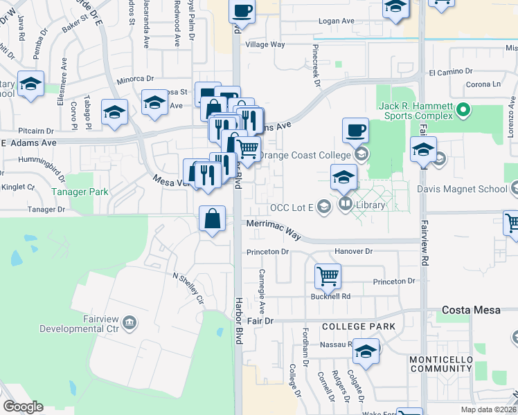 map of restaurants, bars, coffee shops, grocery stores, and more near Clarion Lane in Costa Mesa