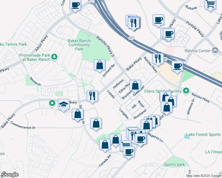 map of restaurants, bars, coffee shops, grocery stores, and more near Bake Parkway in Lake Forest