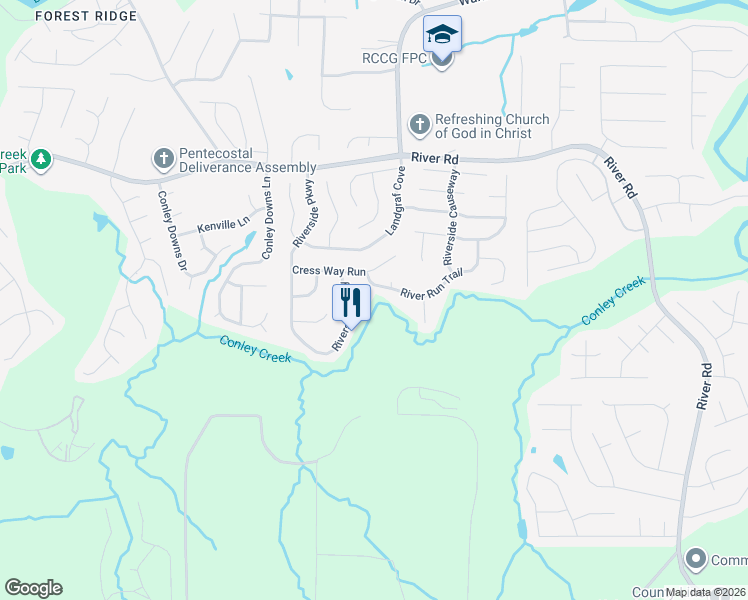 map of restaurants, bars, coffee shops, grocery stores, and more near 3245 River Run Trail in Decatur