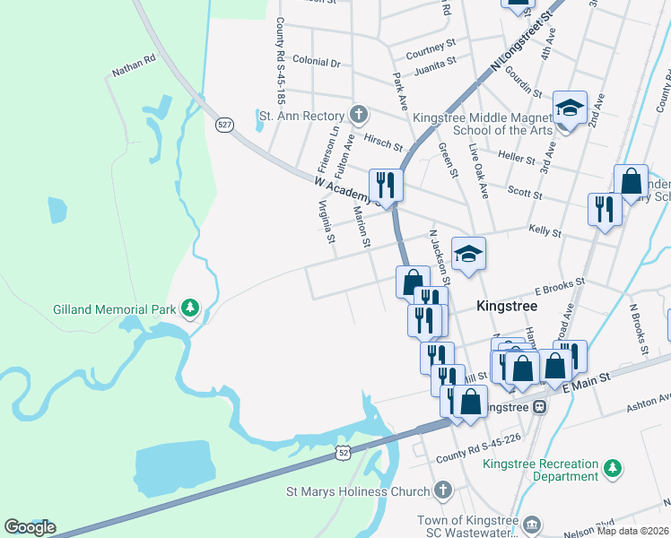 map of restaurants, bars, coffee shops, grocery stores, and more near 509 County Road S-45-104 in Kingstree