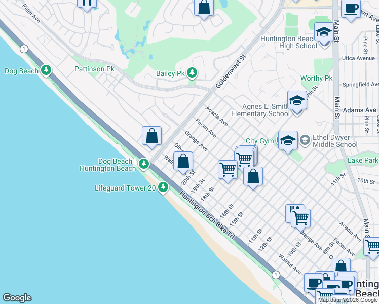 map of restaurants, bars, coffee shops, grocery stores, and more near 305 21st Street in Huntington Beach