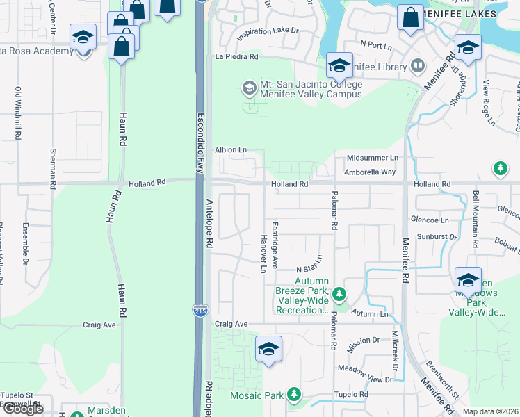 map of restaurants, bars, coffee shops, grocery stores, and more near 31103 Hanover Lane in Menifee