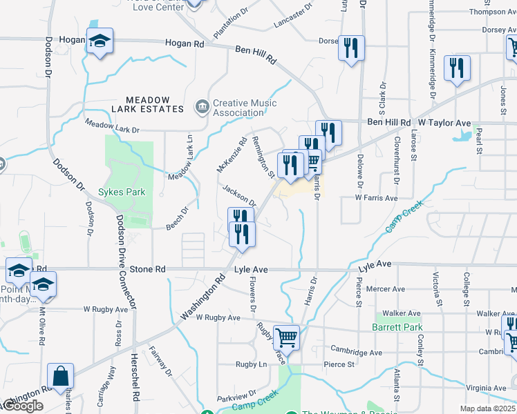 map of restaurants, bars, coffee shops, grocery stores, and more near 3168 Washington Road in Atlanta