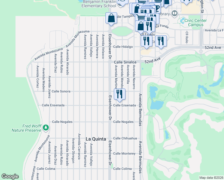 map of restaurants, bars, coffee shops, grocery stores, and more near 52200 Eisenhower Drive in La Quinta