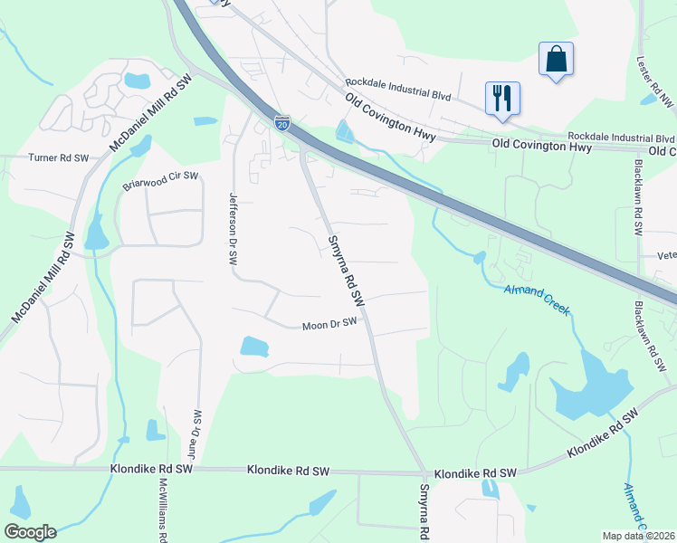 map of restaurants, bars, coffee shops, grocery stores, and more near 825 Smyrna Road Southwest in Conyers