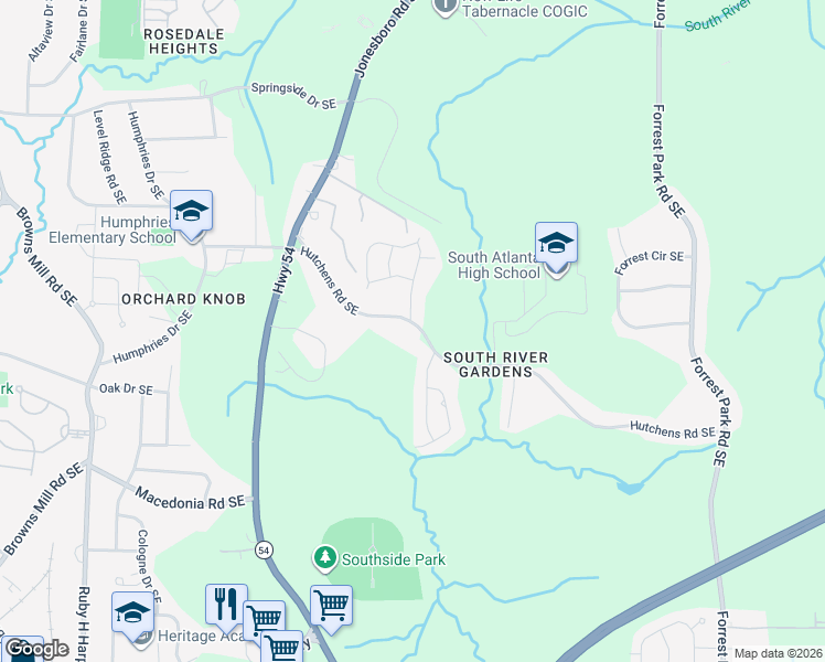 map of restaurants, bars, coffee shops, grocery stores, and more near 659 Hutchens Road Southeast in Atlanta