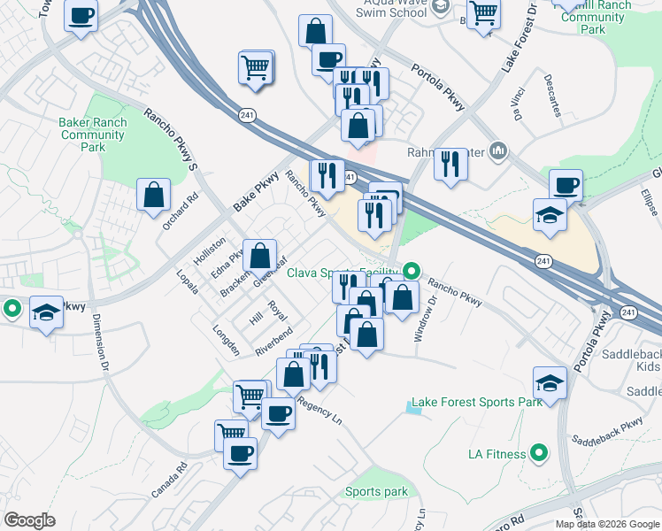 map of restaurants, bars, coffee shops, grocery stores, and more near 151 Mulberry in Lake Forest