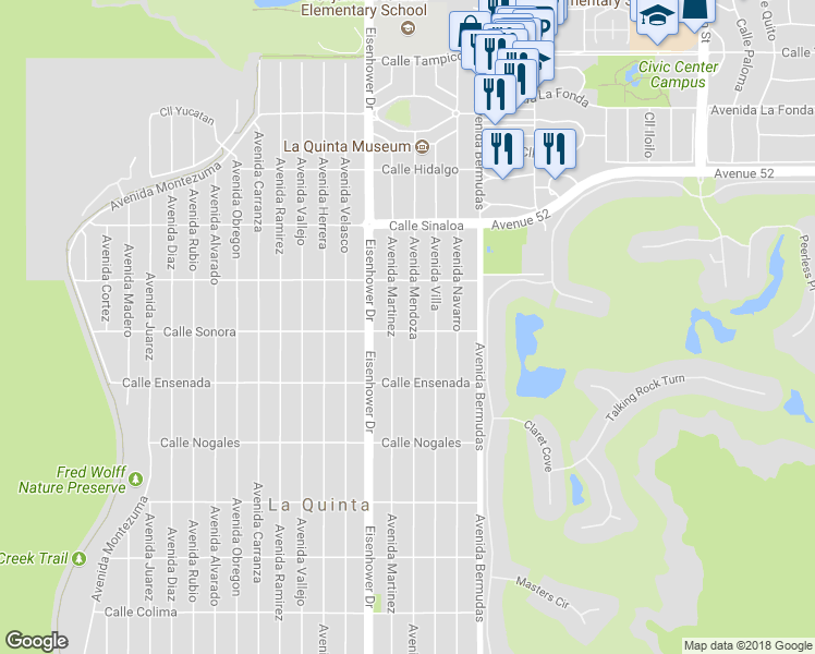 map of restaurants, bars, coffee shops, grocery stores, and more near 52201 Avenida Mendoza in La Quinta