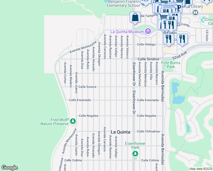 map of restaurants, bars, coffee shops, grocery stores, and more near Avenue Carranza in La Quinta
