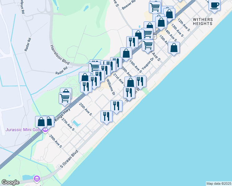 map of restaurants, bars, coffee shops, grocery stores, and more near 2208 Yaupon Drive in Myrtle Beach