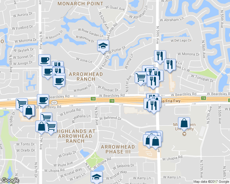map of restaurants, bars, coffee shops, grocery stores, and more near 6173 West Pontiac Drive in Glendale