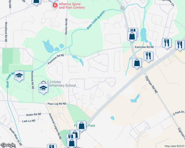 map of restaurants, bars, coffee shops, grocery stores, and more near 1425 Denison Court Northeast in Conyers
