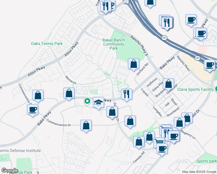 map of restaurants, bars, coffee shops, grocery stores, and more near 15 Oleander in Lake Forest