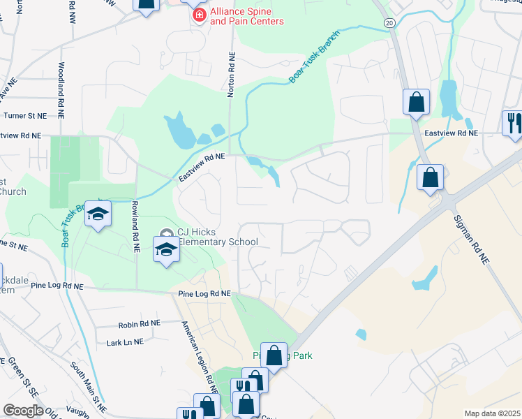 map of restaurants, bars, coffee shops, grocery stores, and more near 1437 Oak Knoll Drive Northeast in Conyers