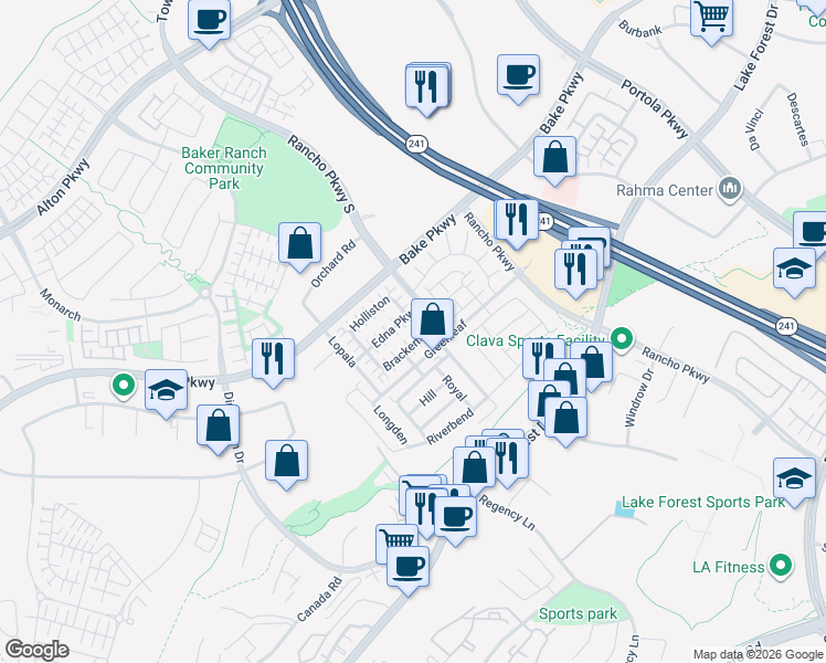 map of restaurants, bars, coffee shops, grocery stores, and more near 301 Brackens in Lake Forest