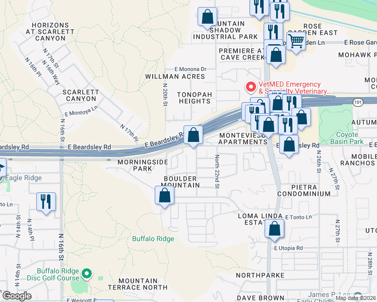 map of restaurants, bars, coffee shops, grocery stores, and more near 20045 North 20th Way in Phoenix