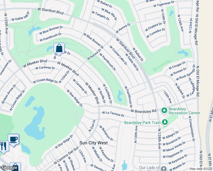 map of restaurants, bars, coffee shops, grocery stores, and more near 12906 W Castlebar Dr in Sun City West