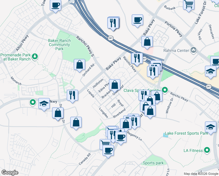 map of restaurants, bars, coffee shops, grocery stores, and more near 301 Brackens in Lake Forest