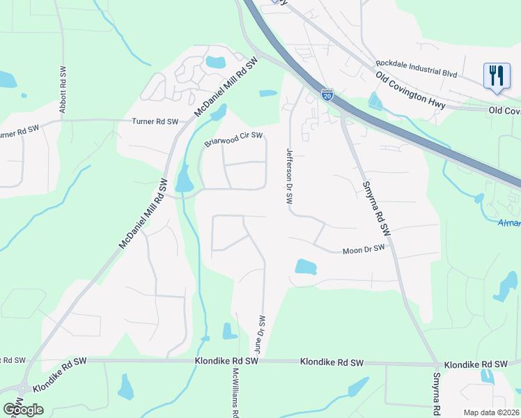 map of restaurants, bars, coffee shops, grocery stores, and more near 2233 April Drive Southwest in Conyers
