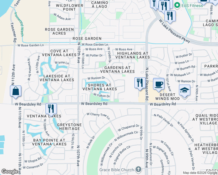 map of restaurants, bars, coffee shops, grocery stores, and more near 10506 West Tonopah Drive in Peoria
