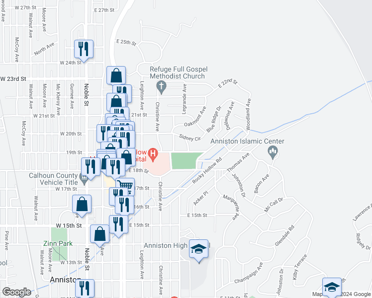 map of restaurants, bars, coffee shops, grocery stores, and more near 1900 Harris Avenue in Anniston