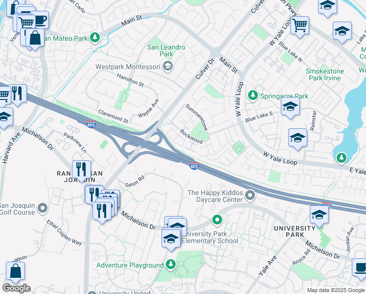 map of restaurants, bars, coffee shops, grocery stores, and more near 87 Fairside in Irvine