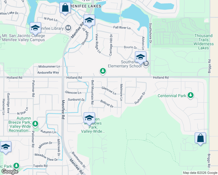 map of restaurants, bars, coffee shops, grocery stores, and more near 29112 Glencoe Lane in Menifee