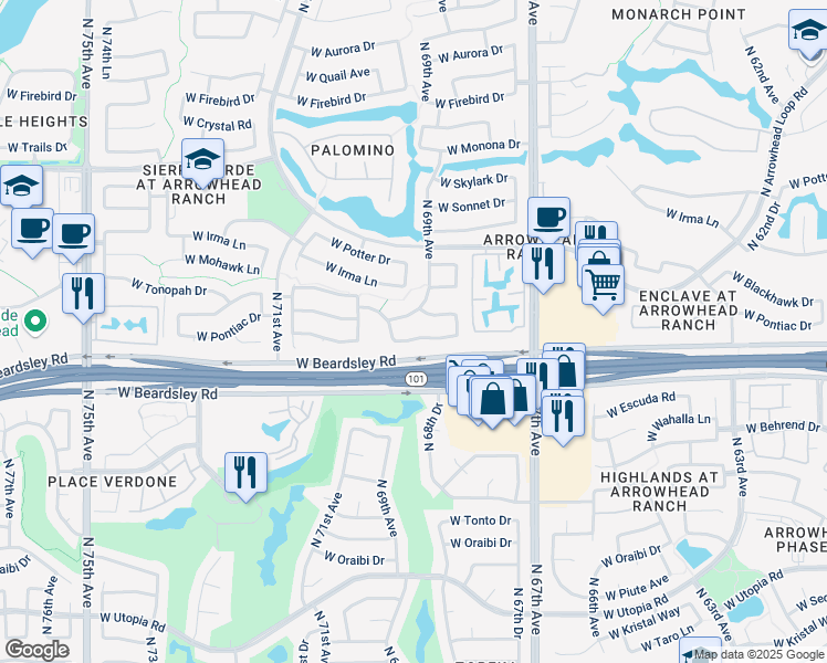 map of restaurants, bars, coffee shops, grocery stores, and more near 6896 West Pontiac Drive in Glendale