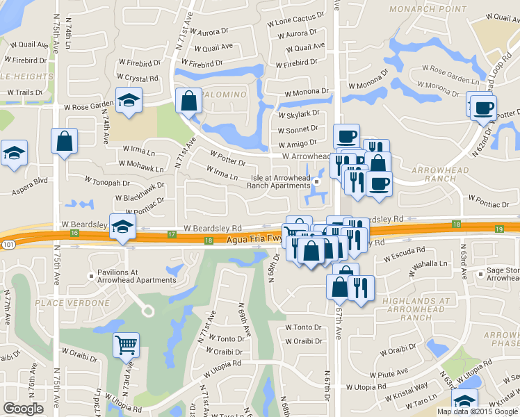 map of restaurants, bars, coffee shops, grocery stores, and more near 6896 West Pontiac Drive in Glendale